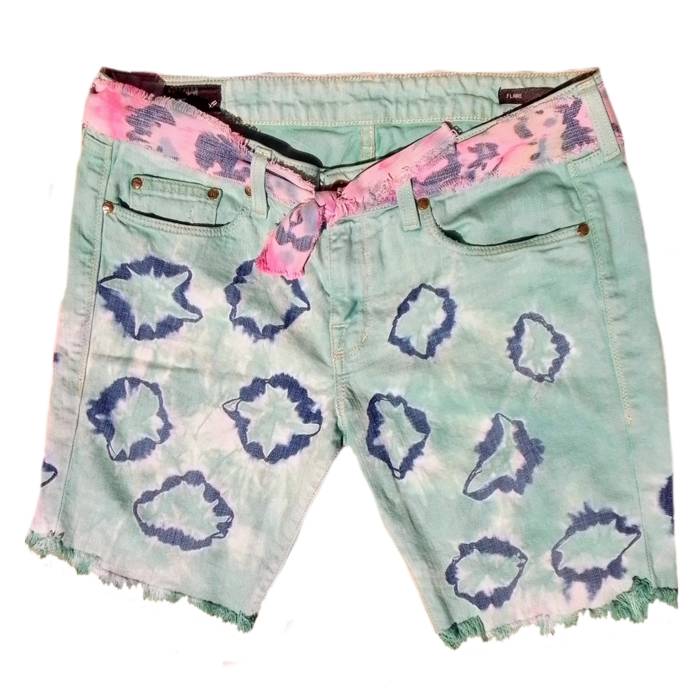 Upcycled tie dye jean Shorts with belt